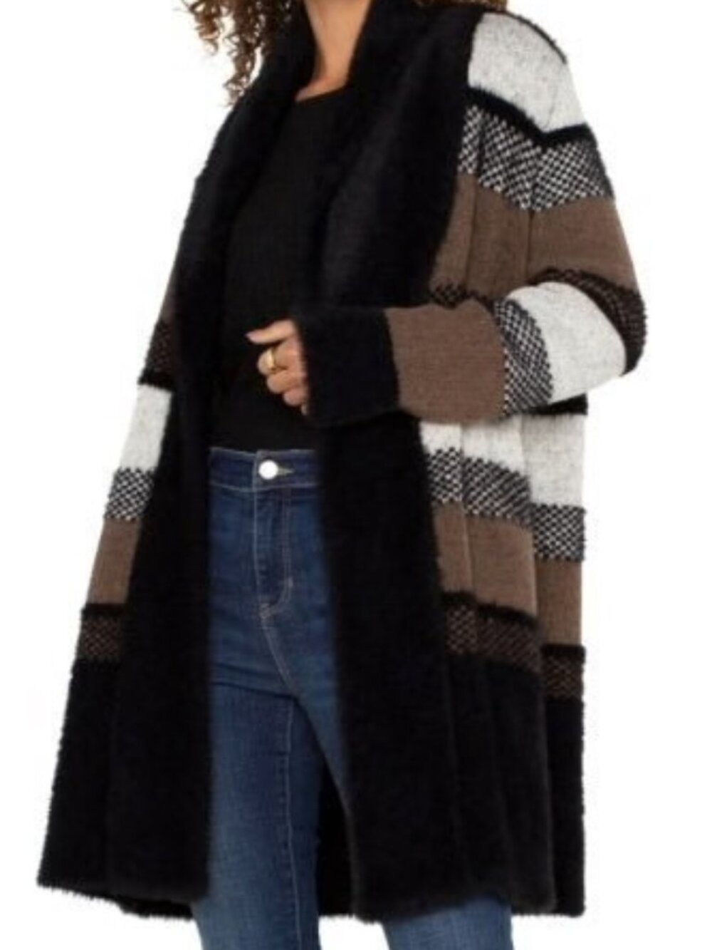 Liverpool Los Angeles Faux Fur/Eyelash Knit Block Striped Cardigan Coatigan